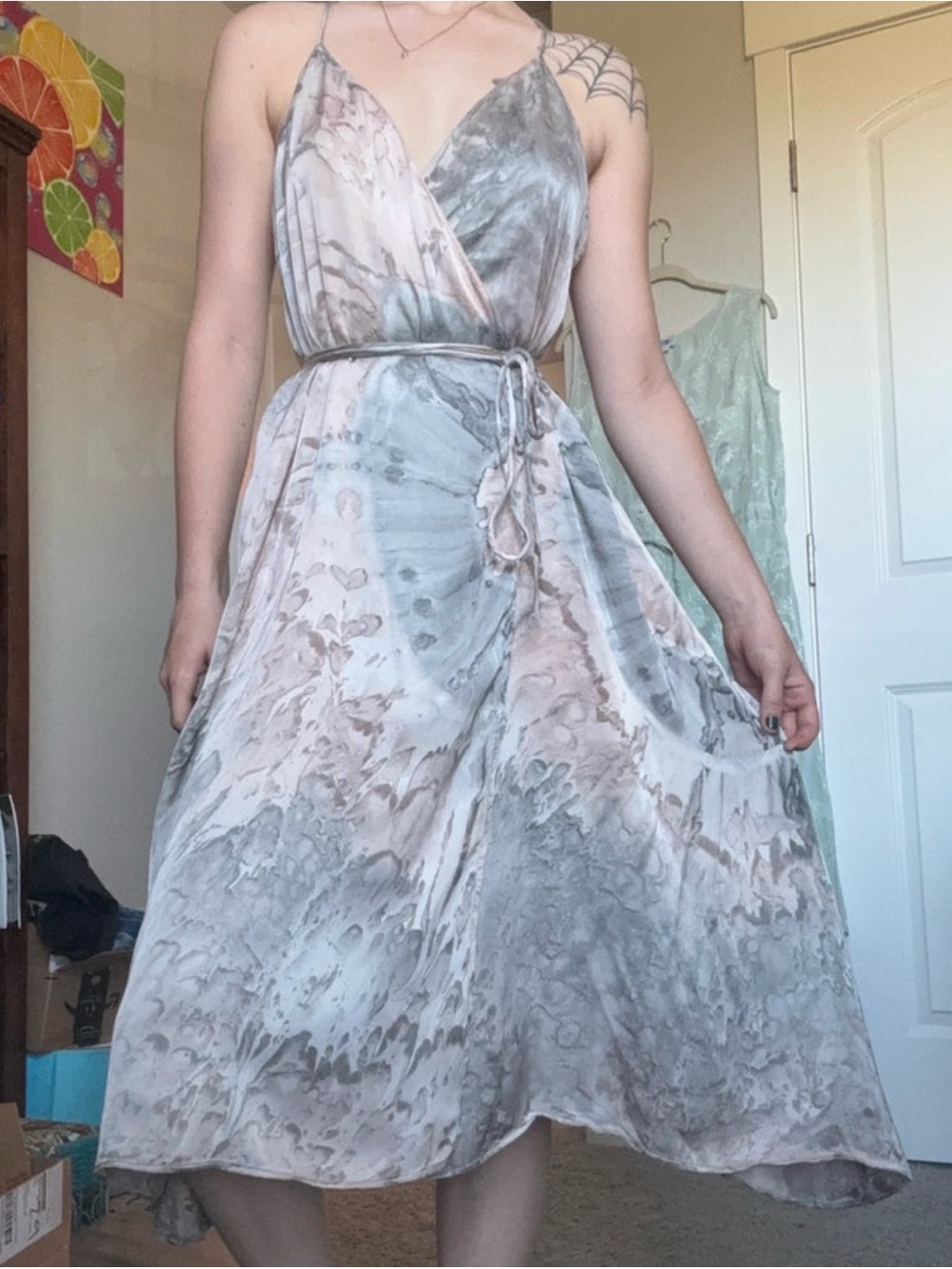 Flowing Marble-Print Wrap Midi Dress - Neutral Tones